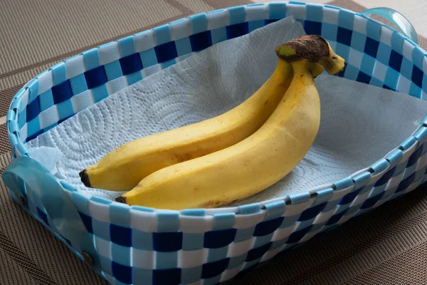 Close View Two Tasty Bananas Blue Basket — 스톡 사진