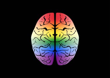 Siyah arka planda gökkuşağı renginde insan beyni. Lezbiyen, gey, transseksüel, biseksüel ve barış sembolü.