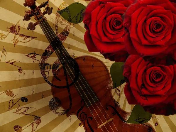 Music roses and violin background — Stock Photo, Image