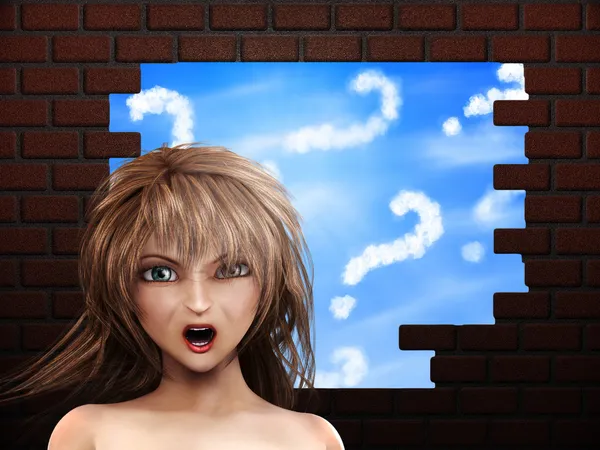 Angry girl at broken brick wall — Stock Photo, Image