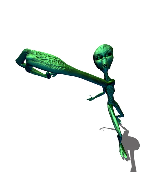 Grüner Außerirdischer mit Hand hält etwas — Stockfoto
