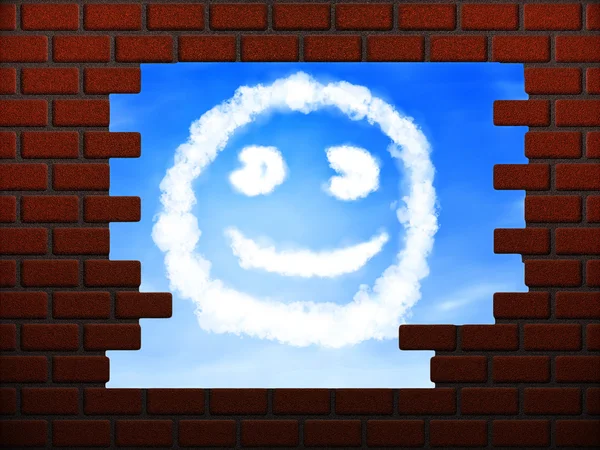 Sonrisa nube en el agujero en la pared de ladrillo — Foto de Stock