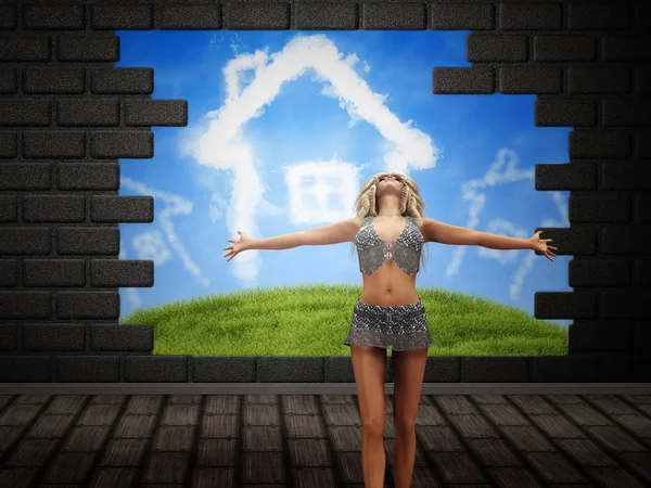 Girl posing over broken brick wall — Stock Photo, Image