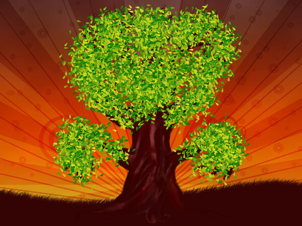 Abstract digital illustration of fantasy tree with leaves of green color.