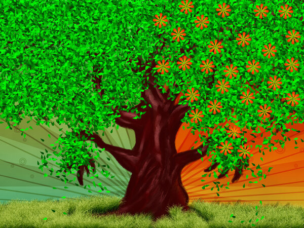 Abstract digital illustration of big fantasy tree at spring and summer.