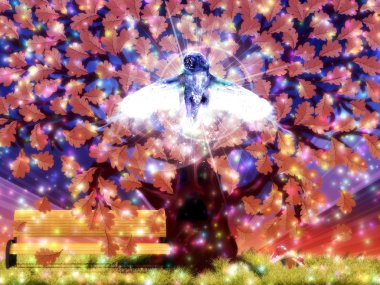 hayali meşe ağacı ve mavi baykuş