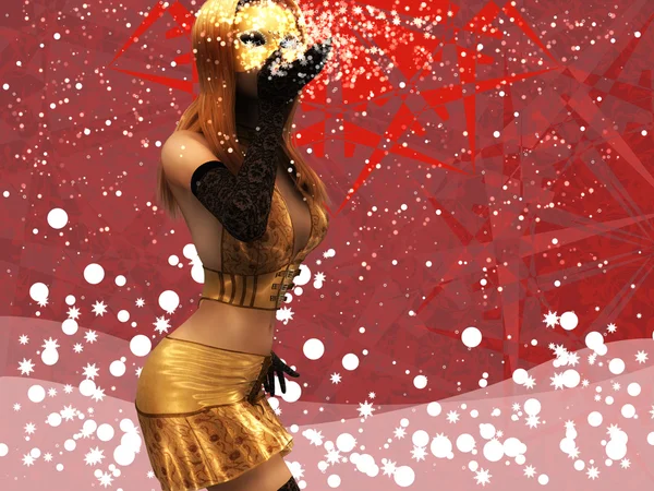 Girl in golden mask blowing snow — Stock Photo, Image
