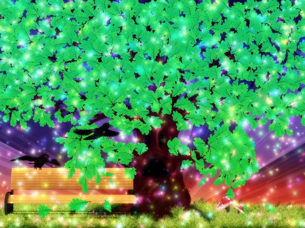 Fantasy dubový strom s havrany — Stock fotografie