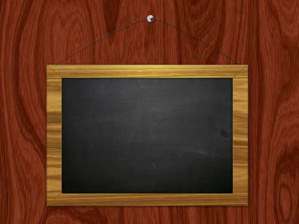 Chalkboard pendurar na parede de madeira — Fotografia de Stock