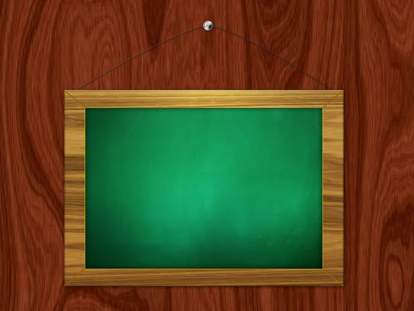 Chalkboard verde pendurar na parede de madeira — Fotografia de Stock