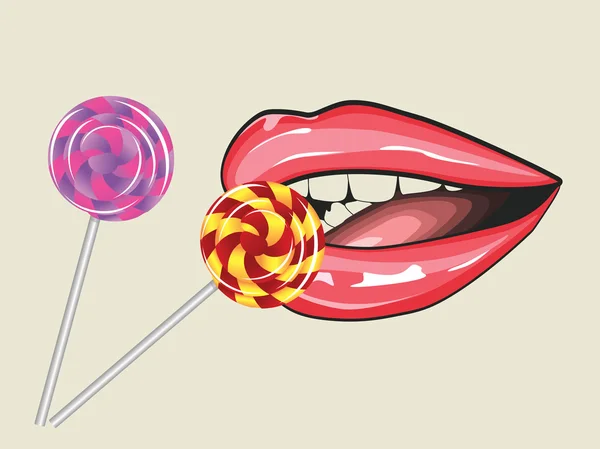 Lips and two lollipops — Stock Vector