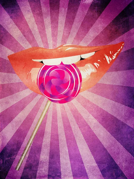 Läppar och välsmakande lollipop på grunge bakgrund — Stockfoto
