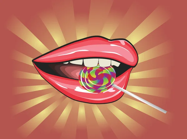 Lippen en kleurrijke lolly — Stockvector