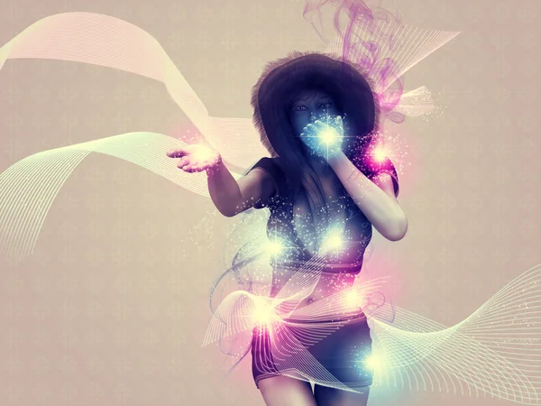 Girl blowing magic lights — Stock Photo, Image