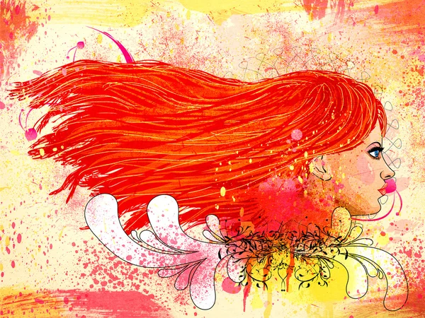 Grunge floral portrait of red haired girl — Stock Photo, Image