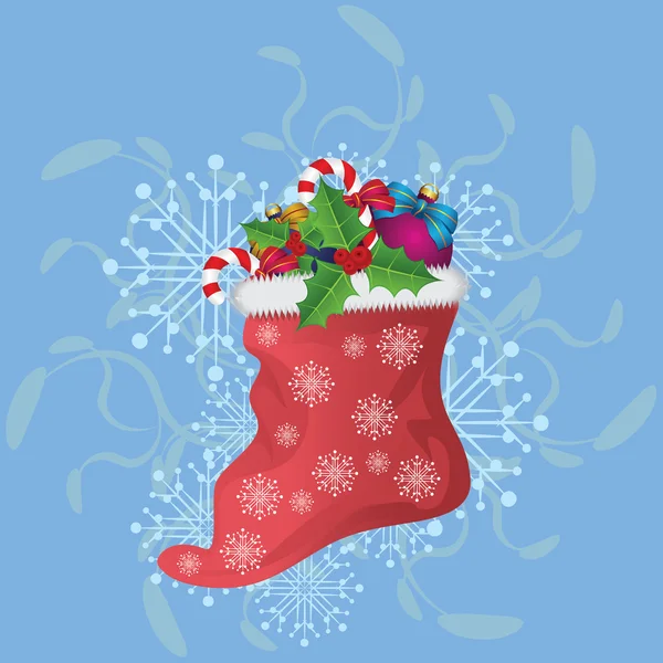 Calcetín de Navidad sobre fondo azul — Vector de stock