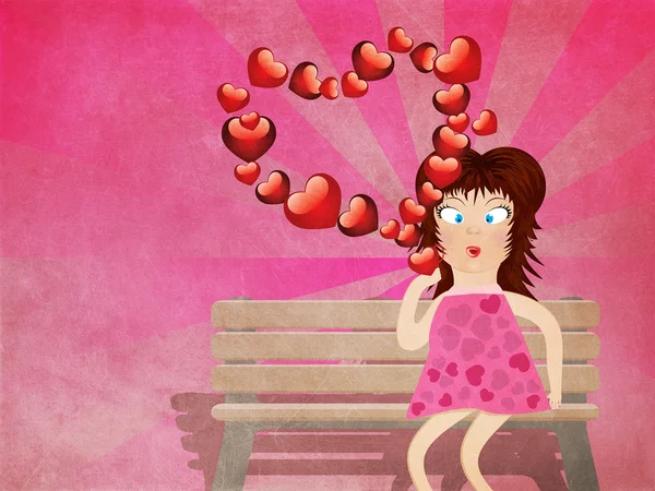 Tecknad flicka med hjärtan på grunge bakgrund — Stockfoto