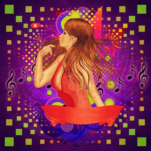 빨간색으로 여자와 음악 포스터 — 스톡 사진