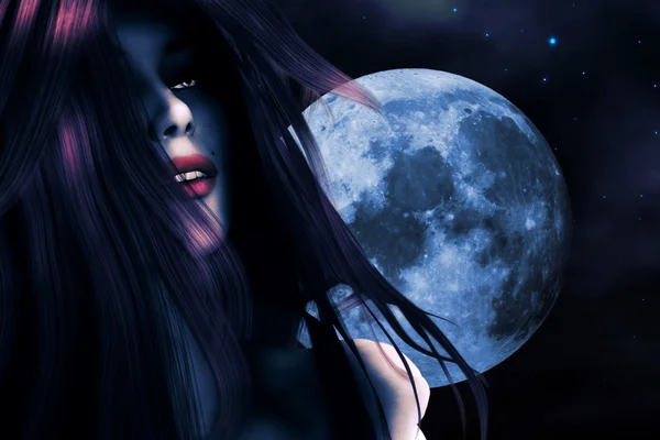 Femme et lune bleue — Photo