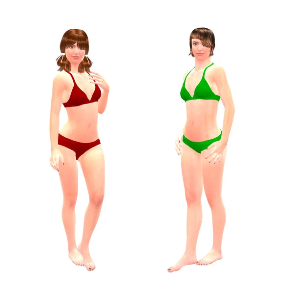 3D flickor i röd och grön bikini — Stockfoto