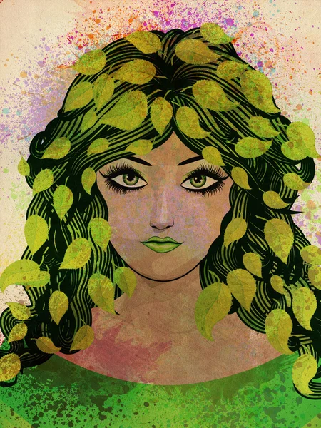 绿色的树叶的 grunge 女孩 — 图库照片