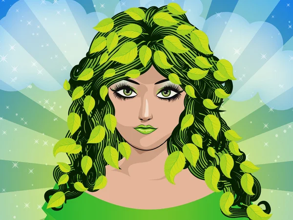 Spring girl with green leaves — Stock Photo, Image