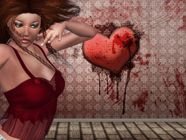 3d женщина и сердце на стене — стоковое фото