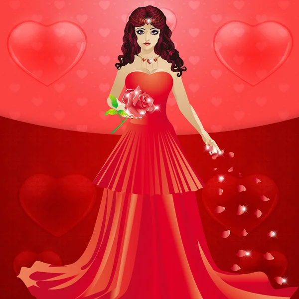 Dame im roten Kleid mit Herzen — Stockfoto