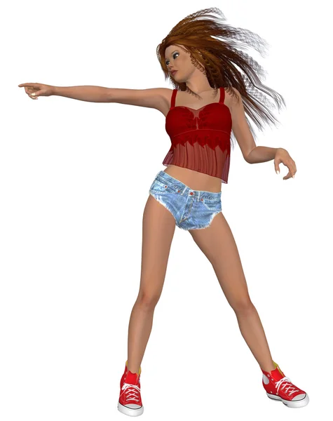 Dancing brunette girl in red top — Stock Photo, Image