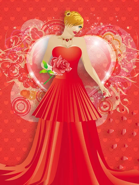 Senhora em vestido vermelho com corações — Fotografia de Stock