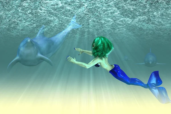 美人鱼女孩与海豚 — 图库照片