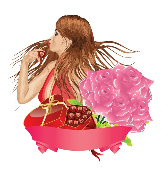 Дівчина з подарунковою коробкою та трояндами — стоковий вектор
