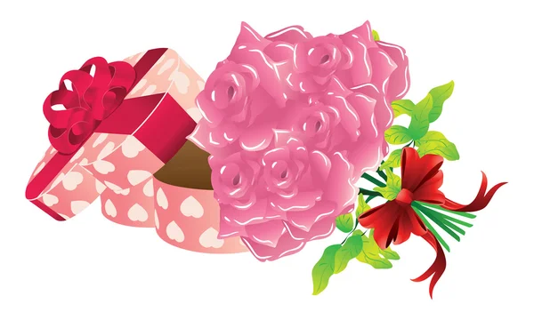 Rosas y caja de regalo — Vector de stock