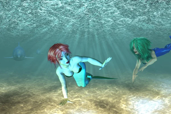 Meerjungfrau Mädchen mit Delphinen — Stockfoto