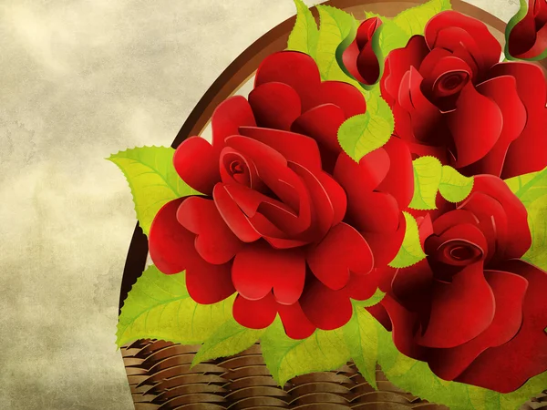 Grunge röda rosor i korg — Stockfoto