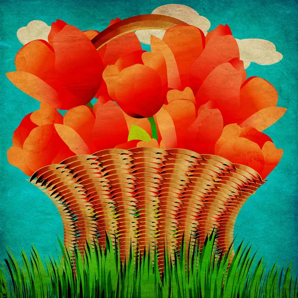 Grunge basket of tulips — Stock Photo, Image