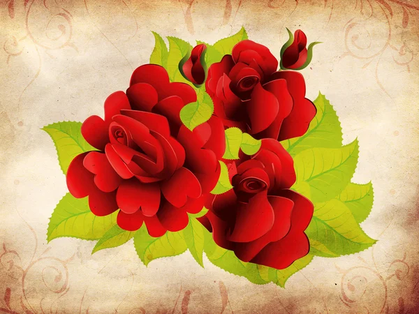 Grunge röda rosor med blad — Stockfoto