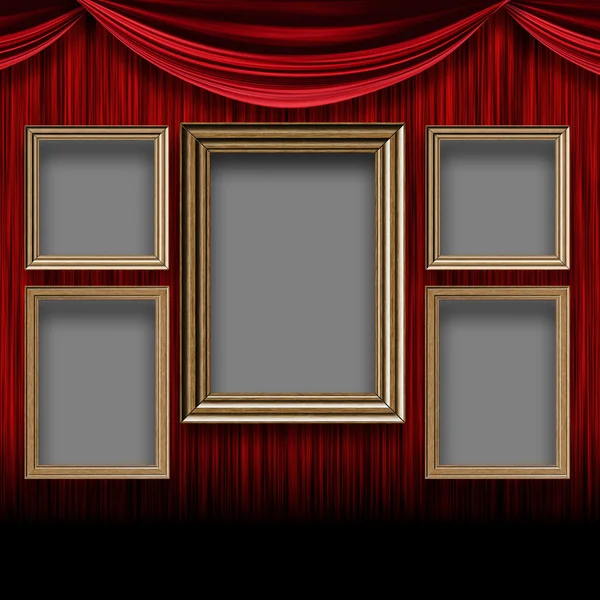 Červená opona místnost s dřevěnými rámy — Stock fotografie