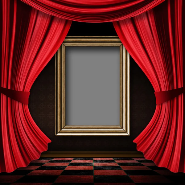 Red curtain room with wooden frame — Stock Photo, Image