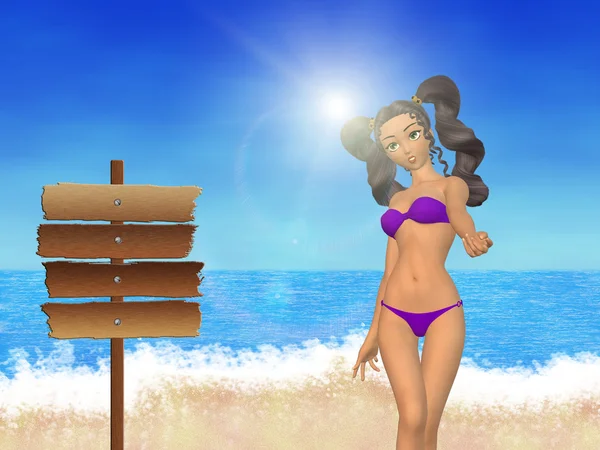 Kız plaj ve tabela — Stok fotoğraf