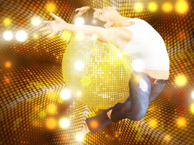 Jumping man on dotted disco background