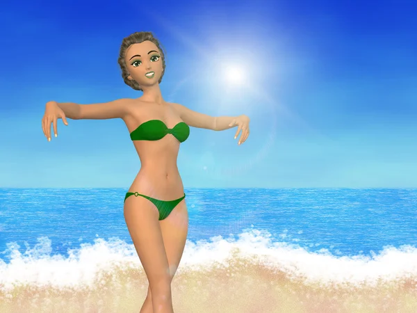 Cartoon girl on beach — Stock Photo, Image