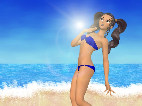 Cartoon girl on beach — Stock Photo, Image