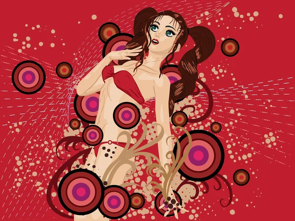 Roter Bikini Mädchen auf floralem Hintergrund — Stockvektor