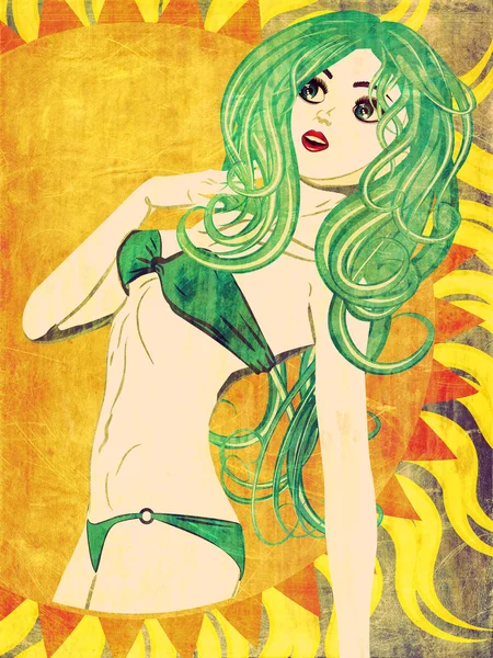 Grunge-Mädchen im grünen Bikini — Stockfoto