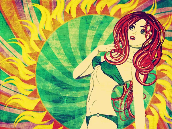 Kızıl saçlı yeşil bikini Retro kız — Stok fotoğraf