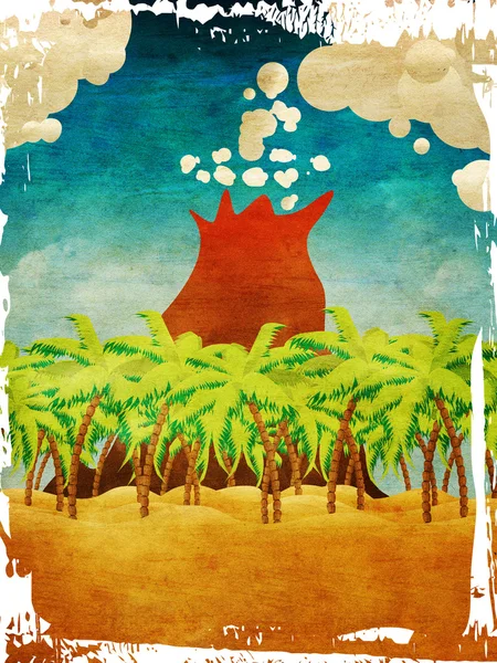 Ročník kreslený sopečný ostrov — Stock fotografie