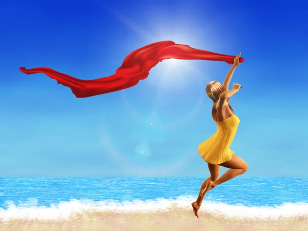 Woman with red scarf on the beach — Stock Photo, Image