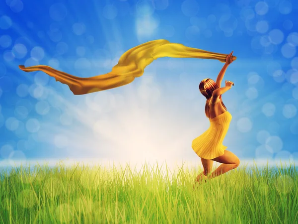 Woman jumping on a grass field — Stock Photo, Image