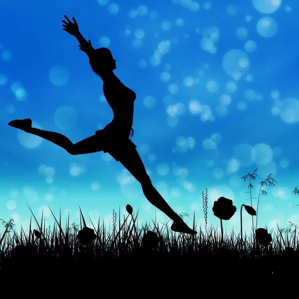 Silhouette of a girl jumping on the meadow — Stock Photo, Image